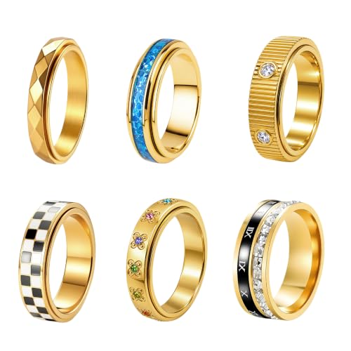 LOFITOR Fidget Band Rings Set for Women Fidget Rings for Anxiety 6pcs Stainless Steel Spinner Anti Anxiety Ring Spinning Stress Relief CZ Rings for Women Men - color: F-Gold