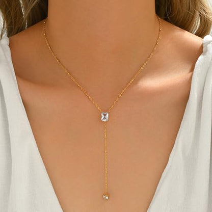 Dainty Y-Shaped Lariat CZ Drop Charm Pendant Necklaces for Women - color: Rectangle-CZ-GD