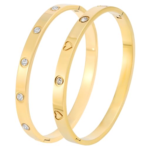 Camhanno Gold Bangles for Women - Stainless Steel Love & Friendship Bracelet Set with Gift Box | Daily Wear & Party Jewelry - color: 2Pcs Gold Set Style 4