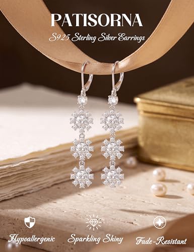PATISORNA 925 Sterling Silver Dangle Earrings for Women Trendy Hypoallergenic White Gold Plated Leverback Drop Earrings Long Lightweight Statement Earring for Wedding Brides - color: Circular