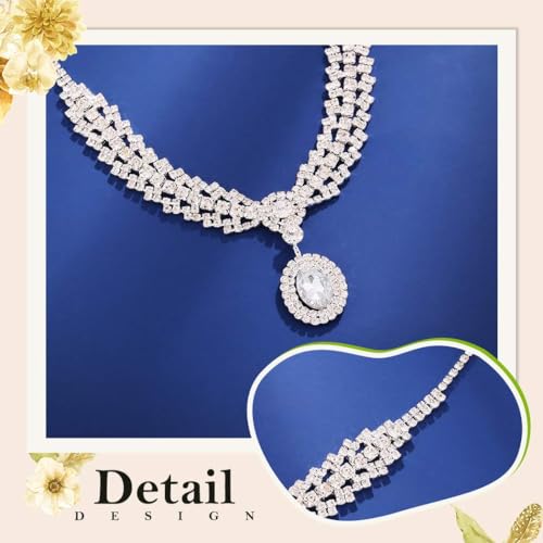 Silver Rhinestone Jewelry Sets Wedding Necklace Set for Women | Bridal Necklace Earrings Bracelet,Sparkly Crystal Prom Costume 3Pcs