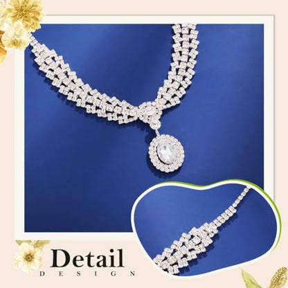 Silver Rhinestone Jewelry Sets Wedding Necklace Set for Women | Bridal Necklace Earrings Bracelet,Sparkly Crystal Prom Costume 3Pcs