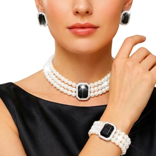 Brishow Pearl Necklace Jewelry Set Wedding Pearls Earrings Necklaces Set Bridal Crystal Bracelet Jewelry for Women (Pack of 3) - color: Black, size: 3 Layered