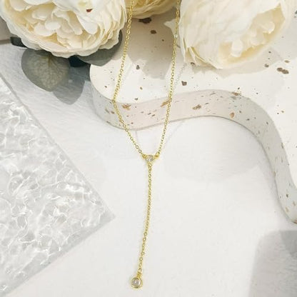 HERIER Lariat Gold Necklace for Women, Dainty Long Necklace 14k Gold Plated/Silver Y-Shaped Layered Beaded Chain Drop Necklaces for Women Trendy Simple Gold Jewelry for Women Gifts - color: Y-CZ-Gold