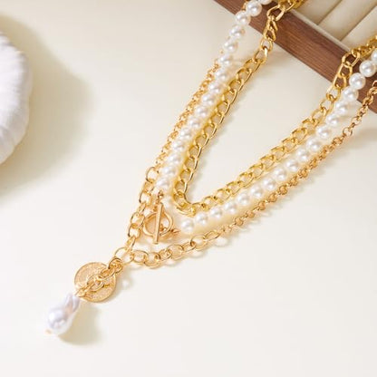 Chunky Pearl Layered Necklaces for Women Gold Big Statement Choker Necklace Set Charm Pearl Coin Pendant Necklace Trendy Jewelry Accessories Gifts - color: Gold2