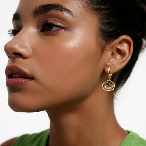 Sonateomber Gold Silver Small Hoop Dangle Earrings for Women, Trendy Dainty Rhinestone CZ Dangling Prom Wedding Leaf Flower Snowflake Butterfly Starfish Fashion Jewelry Gift - color: Shell