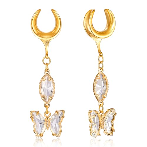 1 Pair Saddle Gauges Earring with Green Crystal Stone Ear Dangle Plugs Tunnels 00G 6mm-25mm (0G-1") Body Piercing Jewelry - color: Gold-1613, size: 16 mm