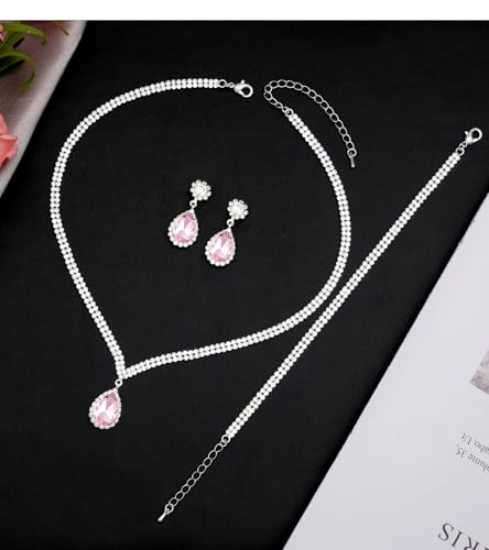 Elegant Silver Crystal Wedding Necklace Earrings Bracelet Jewelry Set for Women Brides Bridesmaids Prom Party Costume Accessory Bridal Jewelry - color: silver-pink