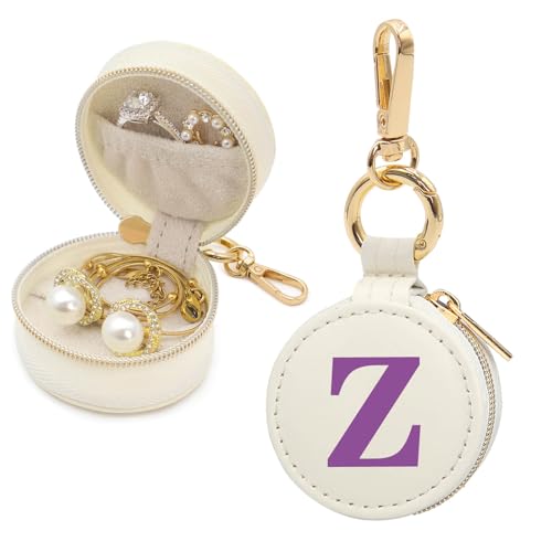 Mini Initial Travel Jewelry Case Ring Holder, Beige Faux Leather Small Jewelry Organizer Box Gifts for Women Girls Nurse Teacher, Gym Travel Accessories Keychain Pouch for Earrings Rings Necklace Z - color: Beige, size: Leather-Z
