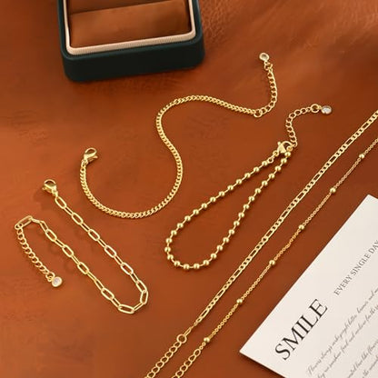 MFRYK Gold/Silver Bracelets For Women,Trendy 14k Gold/Silver Plated lightweight Dainty Chunky Thin Cuban Link Paperclip Chain Tennis Bangle Bracelets Stack Set,Ring Hand Chain Bracelet,Gold Jewelry Gift For Women Fashion Accessories - style: 5Pcs thin cub