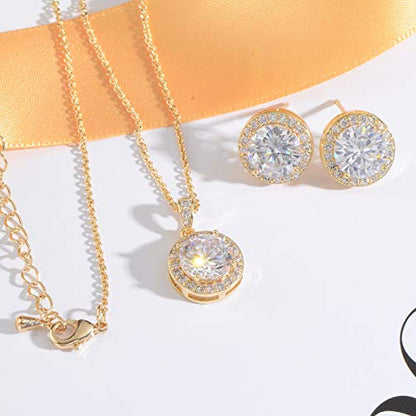 Bridal Crystal Jewelry Set - Sterling Silver Round Cubic Zirconia CZ Rhinestone Halo Birthstone Pendant Necklace Stud Earrings Set for Wedding Bride Bridesmaids Birthday Gift - color: Yellow Gold