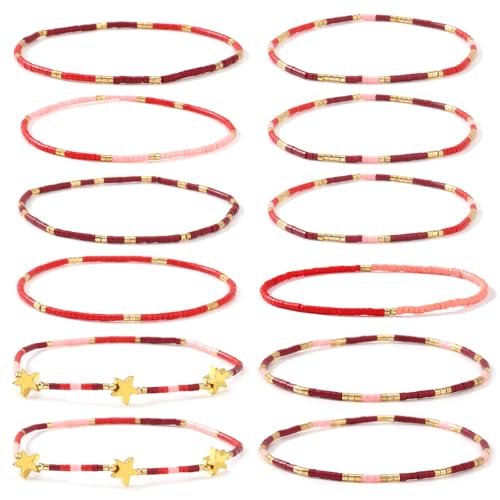 Gold Beaded Bracelets Stack for Women Stocking Stuffers 12PCS Boho Gold Plated Seed Beads Bracelet Stretch Star Stackable Accessories Jewelry Friendship Fall Christmas Gifts for Women - color: Red
