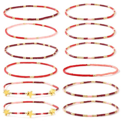 Gold Beaded Bracelets Stack for Women Stocking Stuffers 12PCS Boho Gold Plated Seed Beads Bracelet Stretch Star Stackable Accessories Jewelry Friendship Fall Christmas Gifts for Women - color: Red