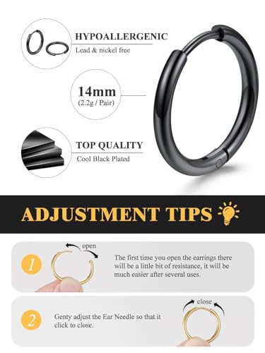 Small Hoop Earrings for Women 7-16mm Stainless Steel Huggie Earrings Lightweight - color: b. Black A, size: Diameter 14mm