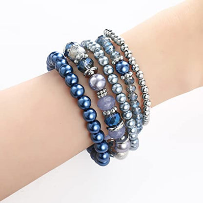 Noessla Beaded Pearl Stretch Bracelet Silver Stackable Crystal Beads Bracelets Trendy Costume Jewelry Mothers Day Gifts for Women - color: Blue