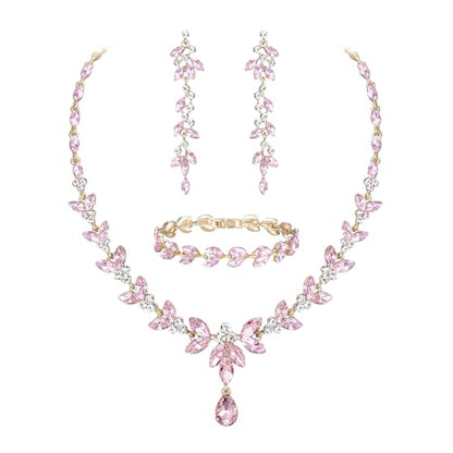 EVER FAITH Marquise Crystal Leaf Bridal Prom Jewelry Set for Women Bride | Rhinestone Wedding Party Necklace Dangle Earrings Tennis Bracelet, for Bridesmaid - color: Pink