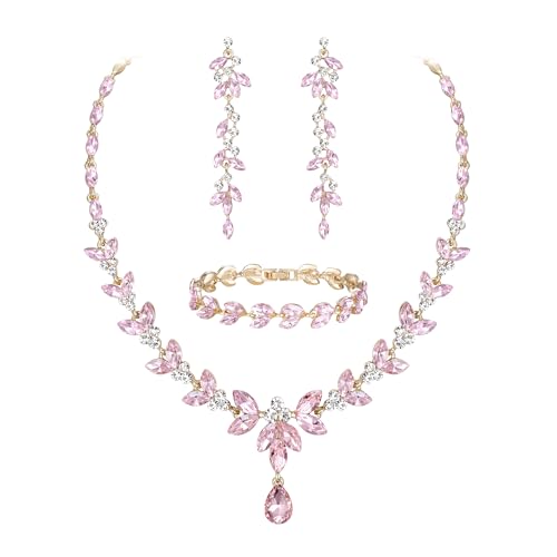 EVER FAITH Marquise Crystal Leaf Bridal Prom Jewelry Set for Women Bride | Rhinestone Wedding Party Necklace Dangle Earrings Tennis Bracelet, for Bridesmaid - color: Pink