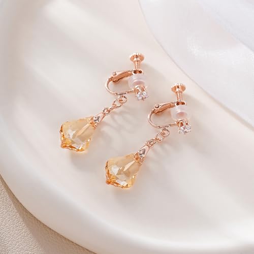 Austrian Crystal Baroque Drop Clip On Dangle Earrings for Women Non Pierced 14K Rose Gold Plated Hypoallergenic Jewelry - color: Topaz