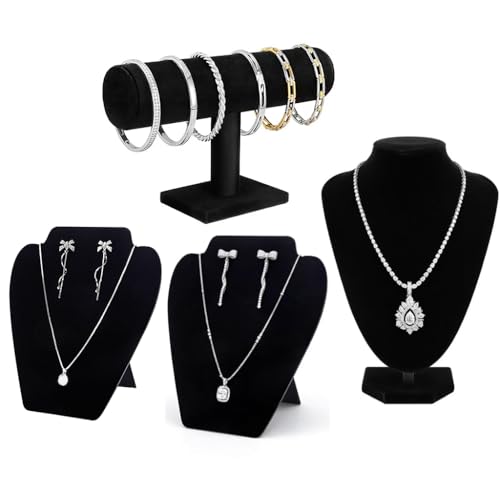 Black Velvet Necklace Display Bust, 4Pcs with Bracelet Holder for Vendors