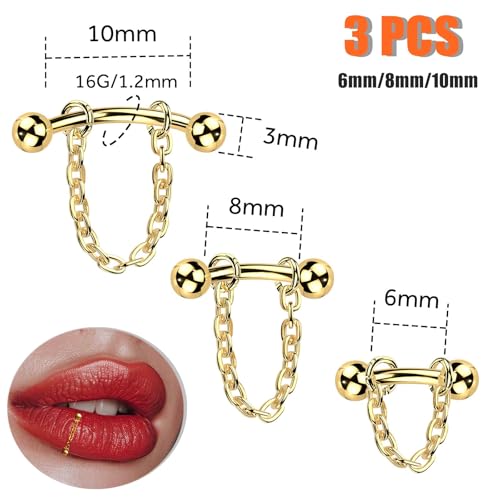 3 Pcs 316L Stainless Steel 16G Tragus Helix Rook Piercing Jewelry with Chain, Cartilage Earrings for Women, Belly Button Ring Vertical Labret Lip Piercing Jewelry - color: Gold, size: Ball