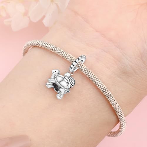 925 Sterling Silver Charms Bead for Bracelets Necklaces, Star Moon Crescent Sun Solar Pendent, Blue Ocean Starfish Shells Turtle Crab Starry Sea Cute Jewelry Birthday Gifts for Women Men - style: Mother and baby turtle charms