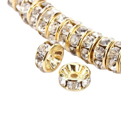 Allb 100Pcs Rondelle Spacer Beads 6mm Silver Plated Czech Crystal Rhinestone for Jewelry Making Loose Beads for Bracelets, gold - color: gold, size: 6mm