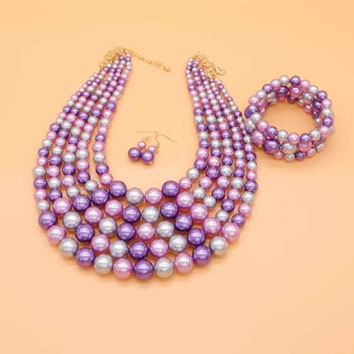 Faux Big Pearl Srand Necklaces for Women 5 Layers Pearls Choker Bib Collar Necklace Bracelet and Earrings set 1920s Costume Pearl Jewelry Bridal Wedding - color: colorful purple