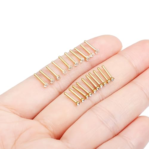 Hoeudjo Nose Studs Surgical Steel Cubic Zirconia Nose Rings Kit for Women Men Tiny Nose Stud Screw & Bone & L Shaped Nostril Piercing Jewelry 24-18 Gauge 20 Pieces Set - color: gold-tone,nose bone studs, size: 18g/2.0mm clear CZ