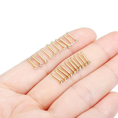 Hoeudjo Nose Studs Surgical Steel Cubic Zirconia Nose Rings Kit for Women Men Tiny Nose Stud Screw & Bone & L Shaped Nostril Piercing Jewelry 24-18 Gauge 20 Pieces Set - color: gold-tone,nose bone studs, size: 18g/2.0mm clear CZ