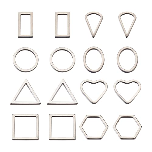 40Pcs Stainless Steel Linking Rings Metal Circles Charms Links Heart Rectangle Oval Square Hollow Frame Pendants Jewelry Connectors for Earrings Bracelet Necklace Macrame Making - color: Steel Color