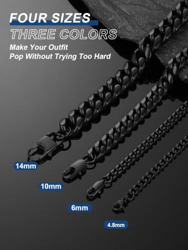 ChainsPro Stainless Steel Mens Cuban Link Chains, Hip Hop Miami Necklace | Daily Wear Jewelry with Gift Box, Silver/Gold Plated/Black, Sweatproof & Waterproof, Hypoallergenic Men Chains, No Tarnish - color: Black