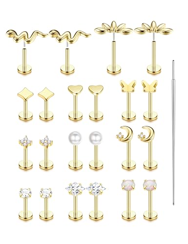 316L Stainless Steel 20G/16G Threadless Flat Back Push In Earrings Women | 11 Pairs 316L Hypoallergenic CZ Cartilage Conch Tragus Stud Earrings Nose Rings for Women, 14K Gold Plated, Silver, 6/7/8mm - color: 14K Gold Plated, size: 20G- bar length: 6/7/8mm
