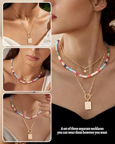MJartoria Layered Initial Necklaces for Women | 14K Gold Plated Brass, Star Choker, Colorful Beaded, Square Letter Pendant, - color: Gold Plated, style: L