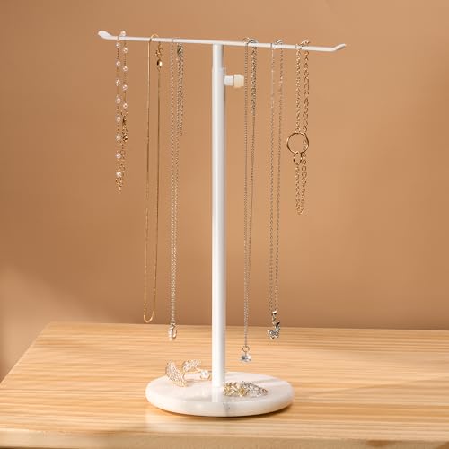 White Necklace Holder,Adjustable T-Bar Jewelry Stand with White Marble Base | Elegant Marble Base,Adjustable Height T-Bar Design,Minimalist Jewelry Display,for Bedroom and Dresser,Necklace Organizer - color: White