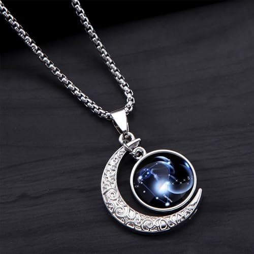 Stainless Steel Mens Necklace 12 Zodiac Moon Galaxy Pendant Necklace,22.8 Inch Stainless Steel Chain, 1.13 Inch Aries/Pisces Celestial Crescent Moon Star Sign Charm Jewelry - style: Capricorn（12.22-1.19）