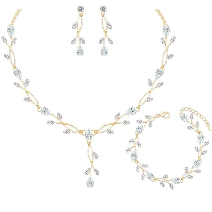 CSY Elegant Bridal Jewelry Sets Clear Cubic Zirconia Wedding Necklace Earrings Bracelet Set for Birdes Bridesmaids CZ Prom Jewelry - color: Gold-Necklace Earrings Bracelet