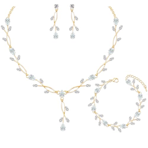 CSY Elegant Bridal Jewelry Sets Clear Cubic Zirconia Wedding Necklace Earrings Bracelet Set for Birdes Bridesmaids CZ Prom Jewelry - color: Gold-Necklace Earrings Bracelet