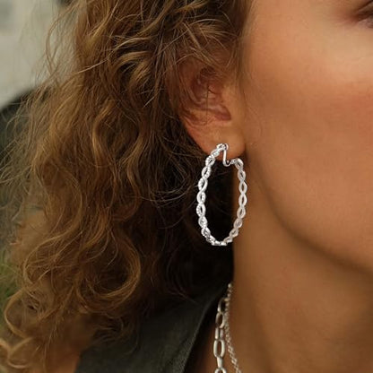 Clip On Hoop Earrings for Women Lightweight - Silver Twisted Clip-on Hoop Earings With Cubic Zirconia Fake Non Pierced Ears Jewelry - style: CZ-S50mm