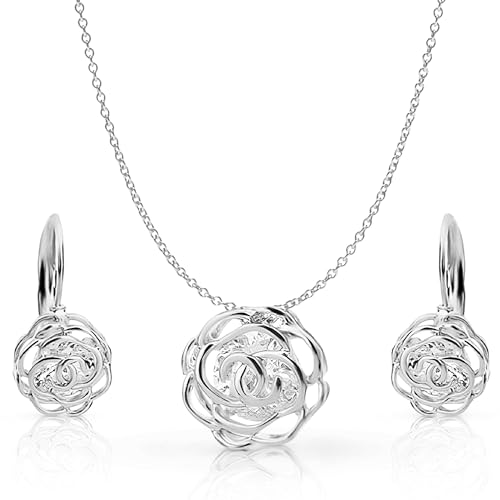 Women 18K Gold Plated White Crystal Roses Flowers Necklace and Earrings Set for Women Wedding Party Bridal Bridesmaid Accessories - color: Silver
