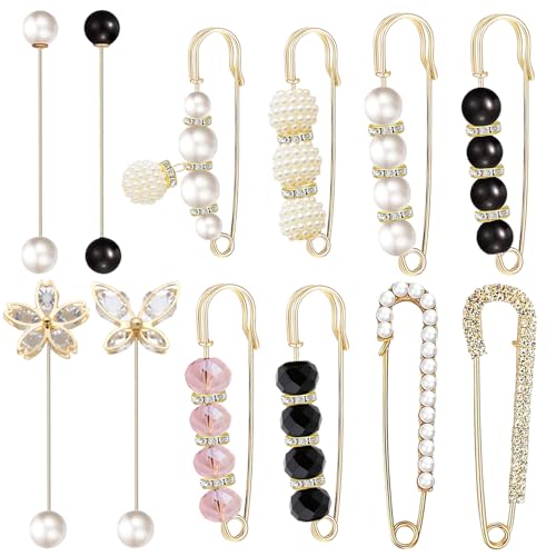 12 PCS Sweater Shawl Clips Retro Sweater Shawl Clips Faux Crystal Pearl Brooch Pins for Women Girls Costume Accessory - color: Gold