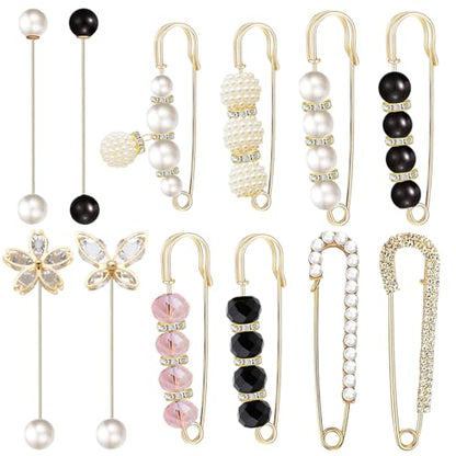 12 PCS Sweater Shawl Clips Retro Sweater Shawl Clips Faux Crystal Pearl Brooch Pins for Women Girls Costume Accessory - color: Gold