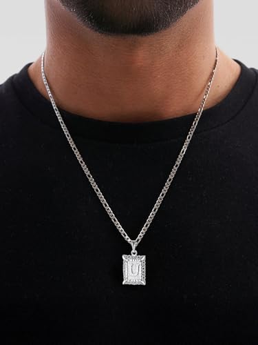 U7 Initial Letter Necklace for Men Women, 14K Gold/Silver Plated Square Capital Monogram Pendant Necklace from A-Z with 22+2 Inch Figaro Chain, Personalized Jewelry for Him - color: Silver, style: U