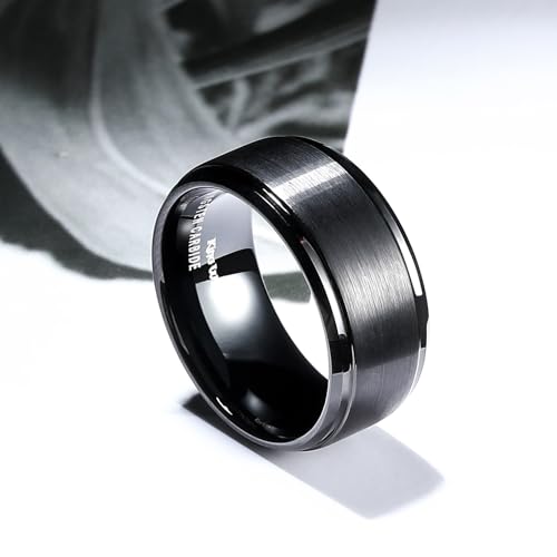 King Will Classic Tungsten Wedding Band for Men, 6/7/8/9/10mm Widths, Polished Finish Step Edge Matte Rings Comfort Fit - color: B-Black 10mm
