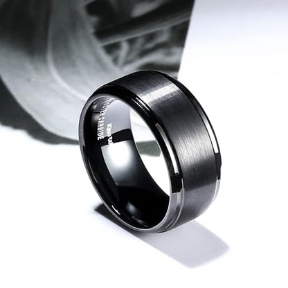 King Will Classic Tungsten Wedding Band for Men, 6/7/8/9/10mm Widths, Polished Finish Step Edge Matte Rings Comfort Fit - color: B-Black 10mm