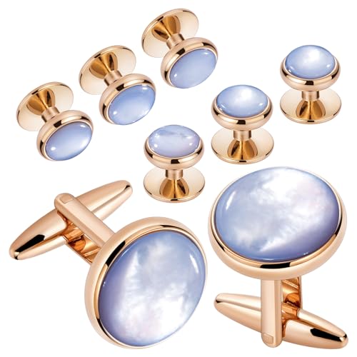 HAWSON Cufflinks and Tuxedo Studs Set for Men with Gift Box, Mother-of-Pearl Cuff links for French Cuff Shirt and Dress Shirt, Suitable for Wedding, Birthday, Party - style: Rose Gold & Blue Mother of Pearl