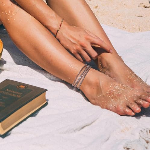 Silver Ankle Bracelets for Women Waterproof Stainless Steel Anklet Adjustable Layered Cuban Silver Anklets Set Summer Beach Foot Jewelry Gift - color: Silver