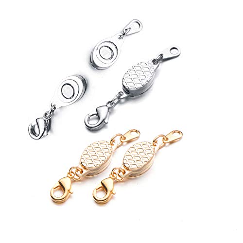 Locking Magnetic Jewelry Clasp for Necklace and Bracelet, Gold and Silver | Built-in Safety Locking, Light Small Extender, Lobster Clasps, Pineapple Texture, Metallic Finishes - color: Pineapple Gold and Silver