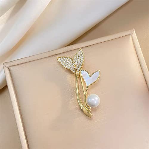 Golden Plated Mermaid Tail Brooch Pin for Women Girls Cubic Zirconia Faux Pearl Double Fish Tails Pins Clip Lapel Shawl Sweater Scarves Jackets Dress Suit Brooches Pins Fashion Jewelry Gifts Clothes Accessories