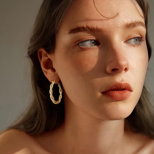 OGD Teardrop Hoop Earrings for Women 14K Gold Plated Large Chunky Oval Pull Through Hoop Earrings Statement Jewelry Gift for Women Hypoallergenic - color: Twisted Hoop-Gold38mm