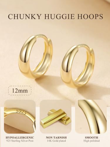 Bestyle Gold Huggies Earrings for Women Hypoallergenic 925 Sterling Silver Post Huggie Hoop Earrings Thick Lightweight Small Hoop Earrings 8/10/12/14mm - color: Gold, size: 12mm